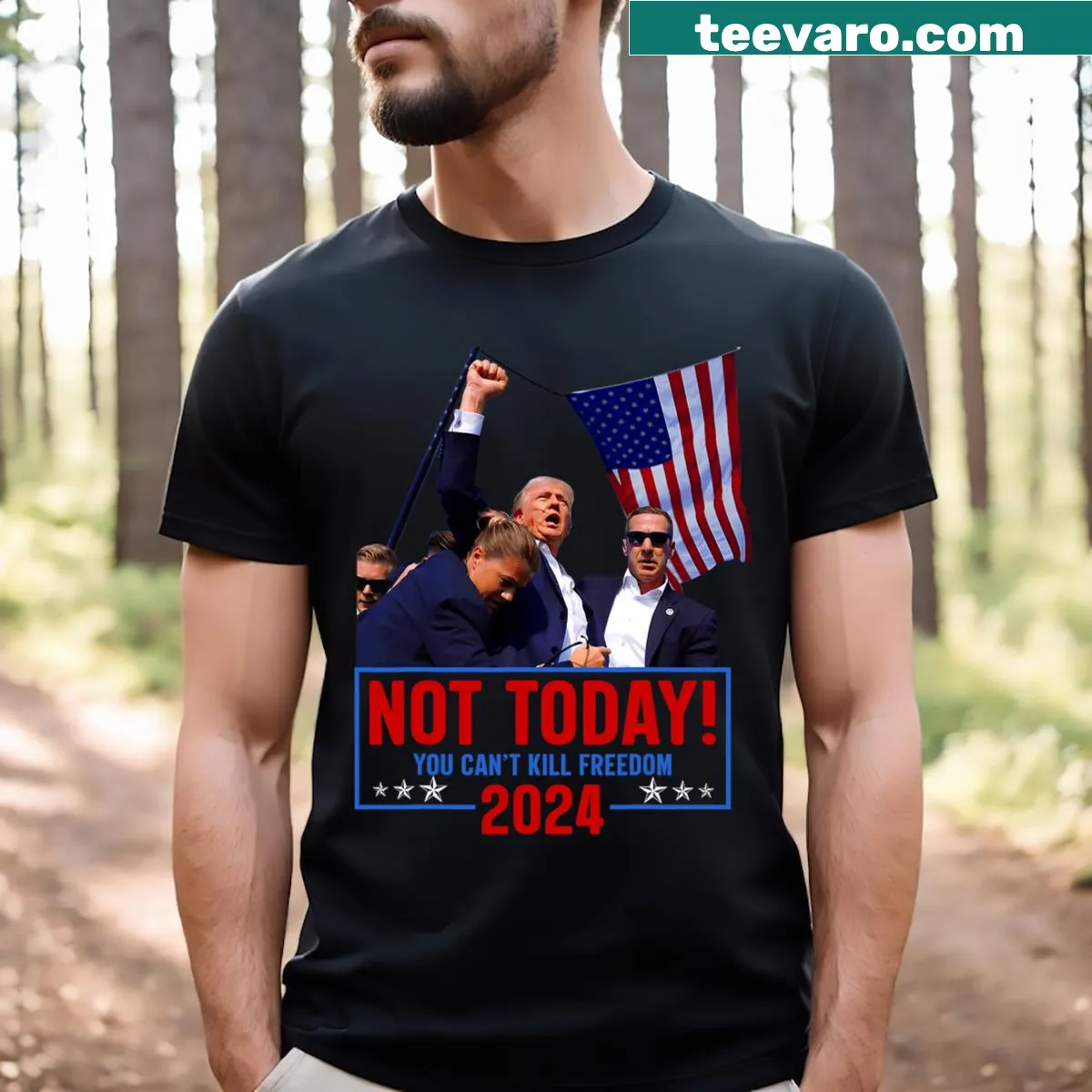 Playful political t-shirt with 'Not Today You Can't Kill Freedom' text — on a men's t-shirt