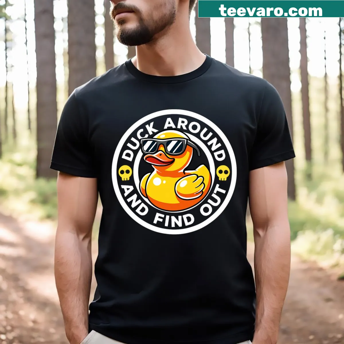 Funny t-shirt with cartoon rubber duck and humorous text — on a men's t-shirt