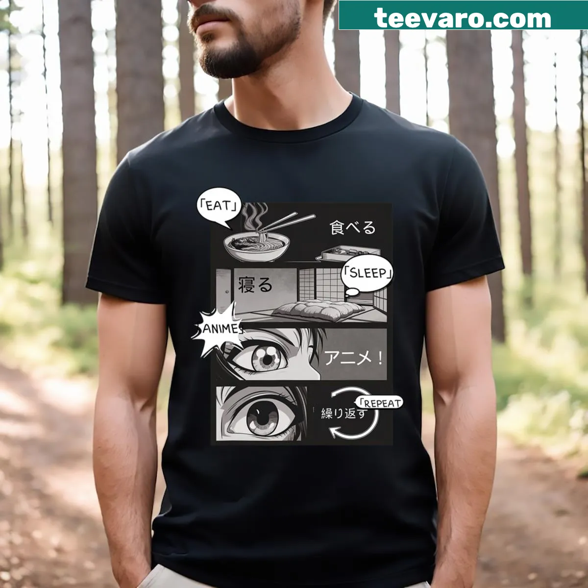 Anime-themed T-shirt with 'Eat Sleep Anime Repeat' graphic — on a men's t-shirt