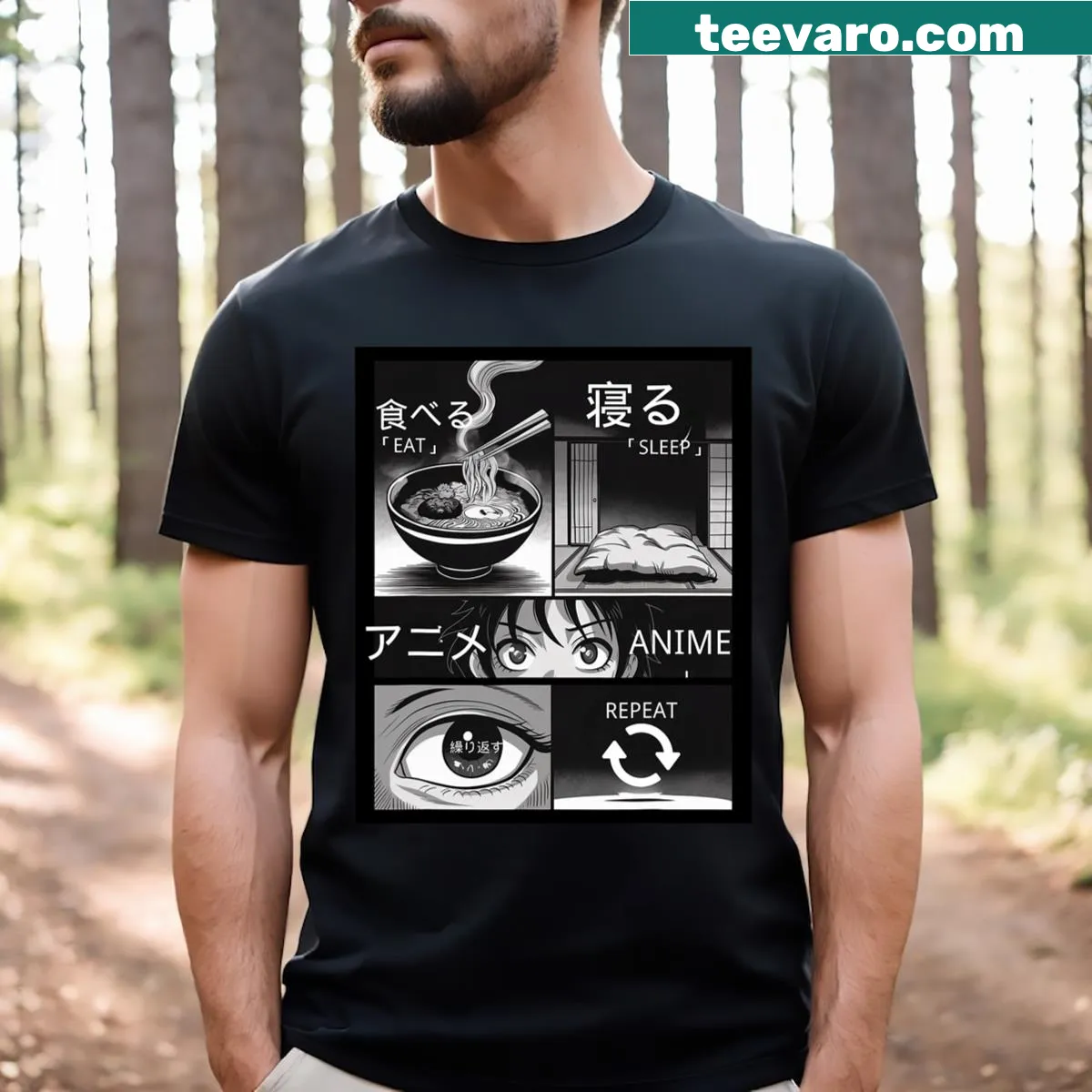 Anime-themed t-shirt with Eat Sleep Anime Repeat graphic — on a men's t-shirt
