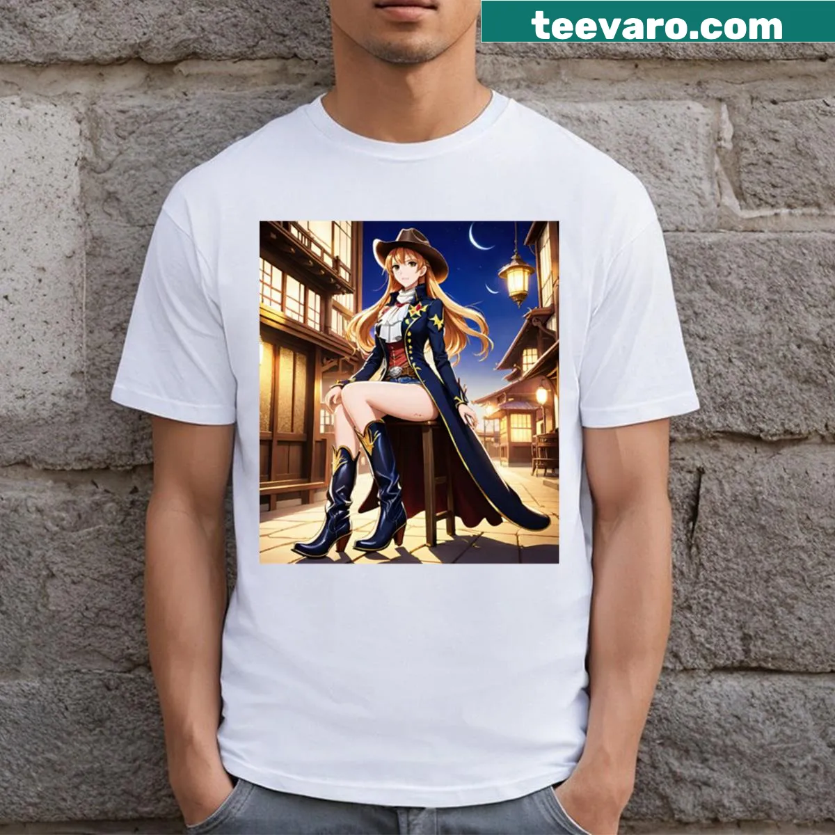 Anime-inspired T-shirt featuring a cowgirl character illustration — on a men's t-shirt