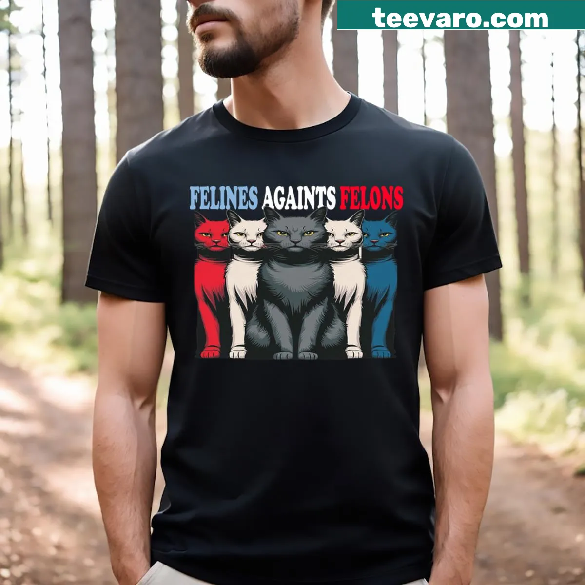 T-shirt with playful 'Felines Against Felons' graphic and cartoon cats — on a men's t-shirt