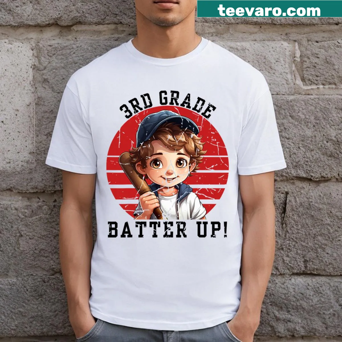 Cheerful baseball batter graphic on a back-to-school t-shirt. — on a men's t-shirt