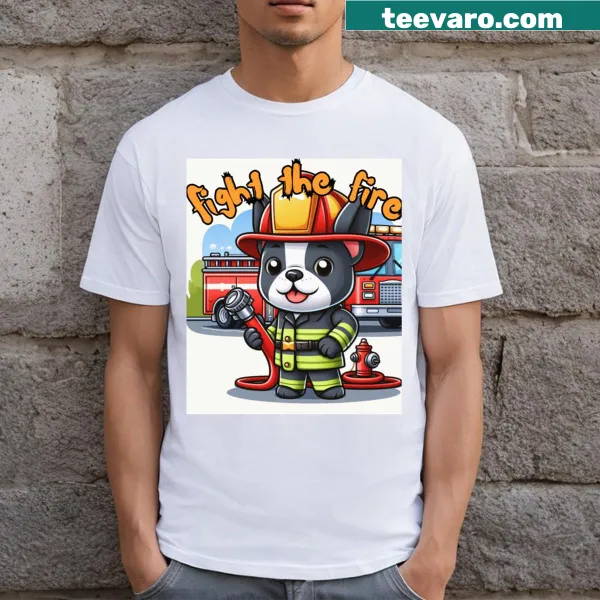 Cute French Bulldog in firefighter gear illustration on t-shirt.