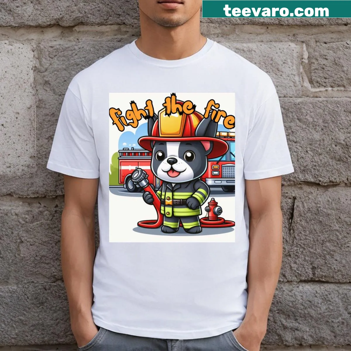 Cute French Bulldog in firefighter gear illustration on t-shirt. — on a men's t-shirt