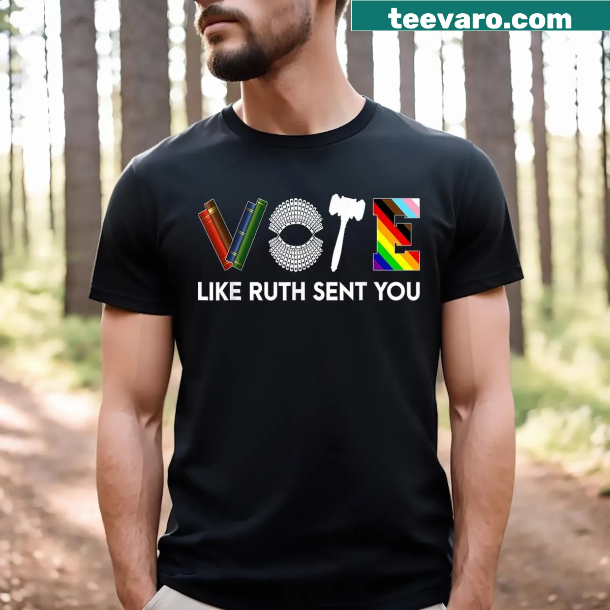Vintage-style feminist T-shirt with gavel graphic and humorous text — on a men's t-shirt