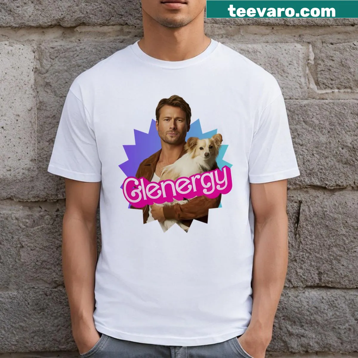 Glen Powell with dog illustration t-shirt — on a men's t-shirt