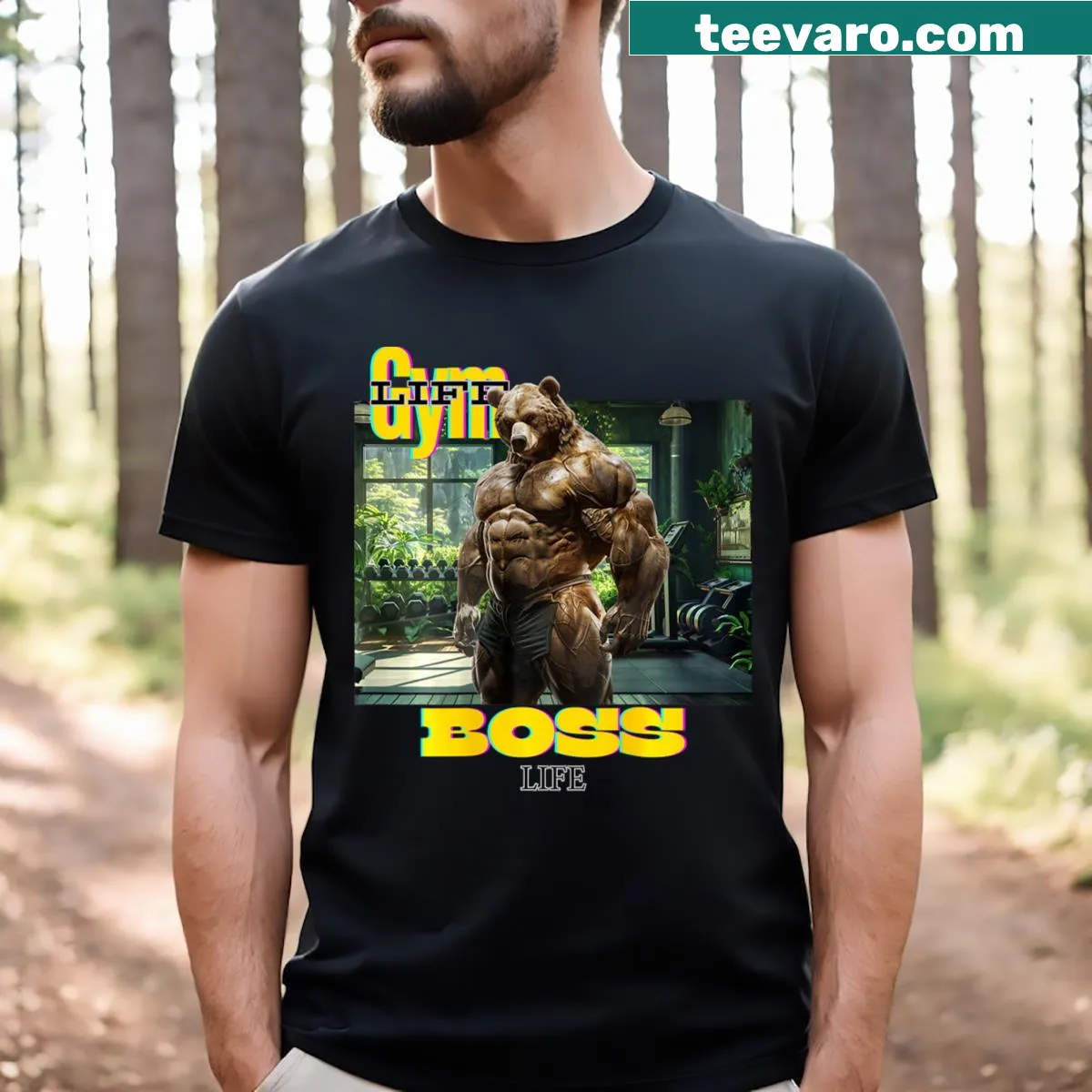 Bodybuilder bear graphic t-shirt with anime style — on a men's t-shirt