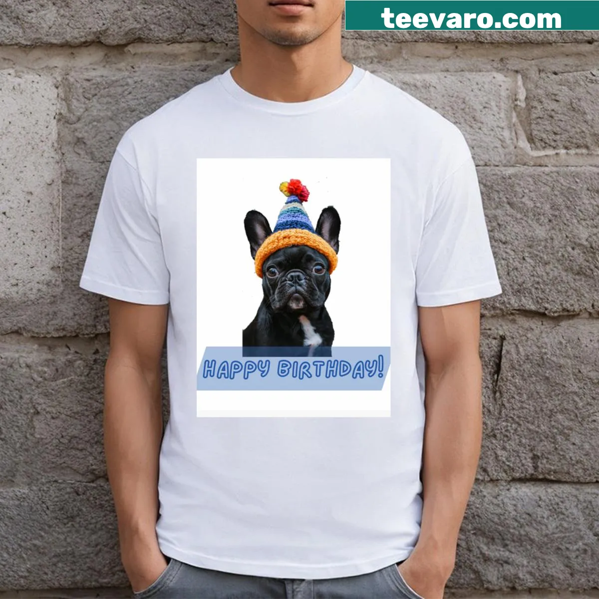 Cheerful birthday t-shirt featuring simple celebratory text — on a men's t-shirt