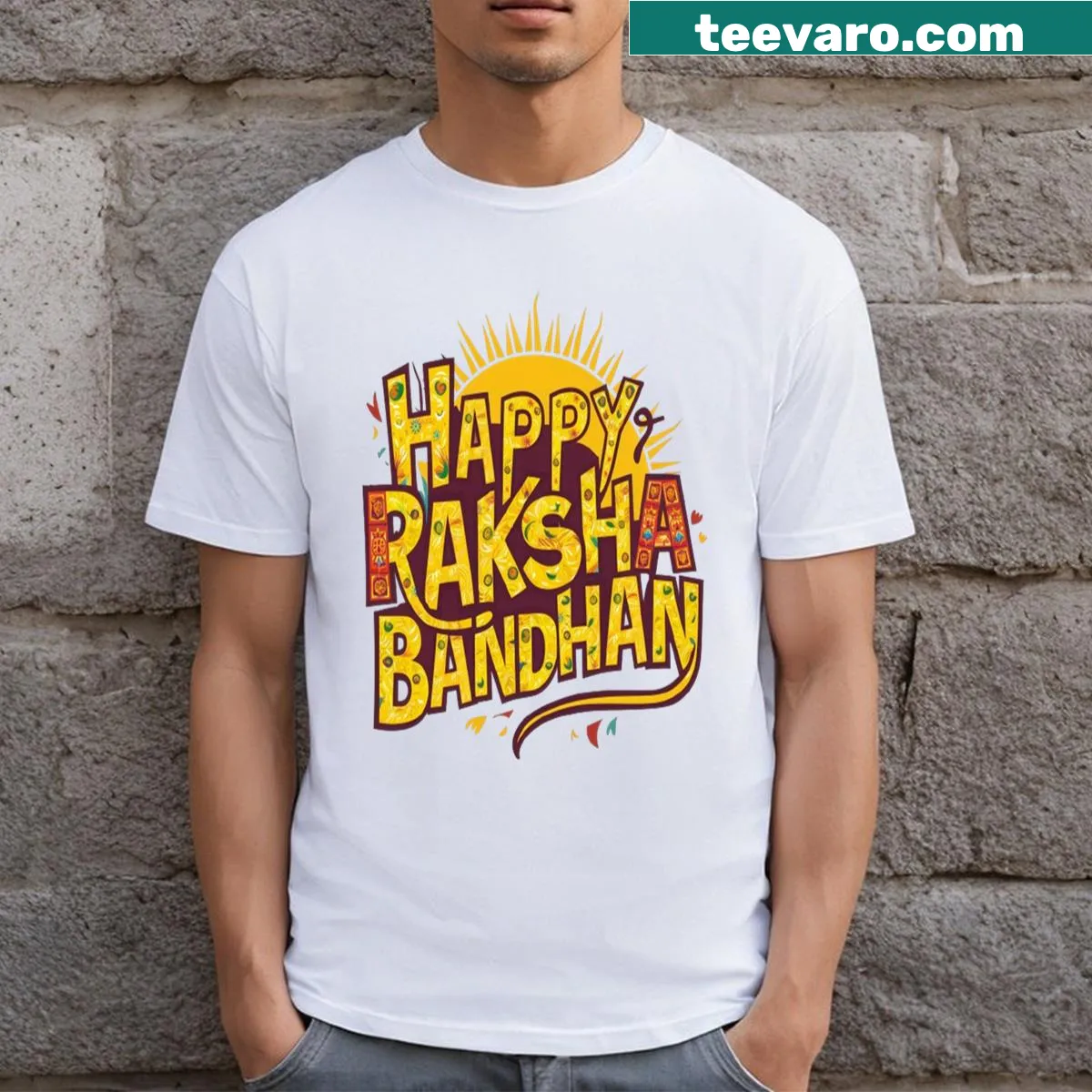 Raksha Bandhan t-shirt with 'Happy Raksha Bandhan' text — on a men's t-shirt