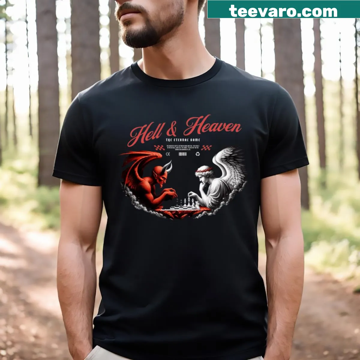 Thought-provoking t-shirt featuring the phrases 'Hell Heaven' — on a men's t-shirt