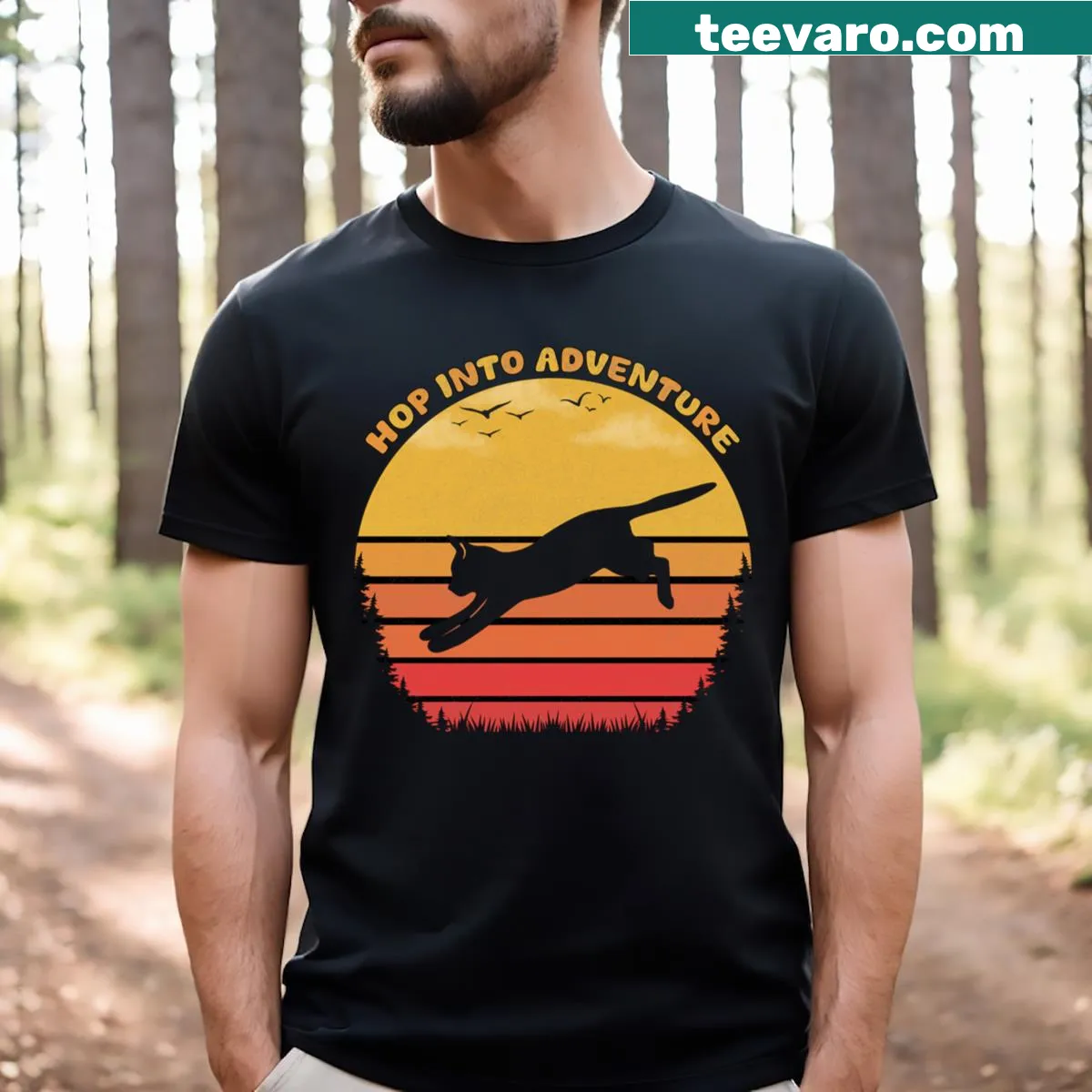 Retro sunset adventure cat t-shirt with playful graphic design — on a men's t-shirt