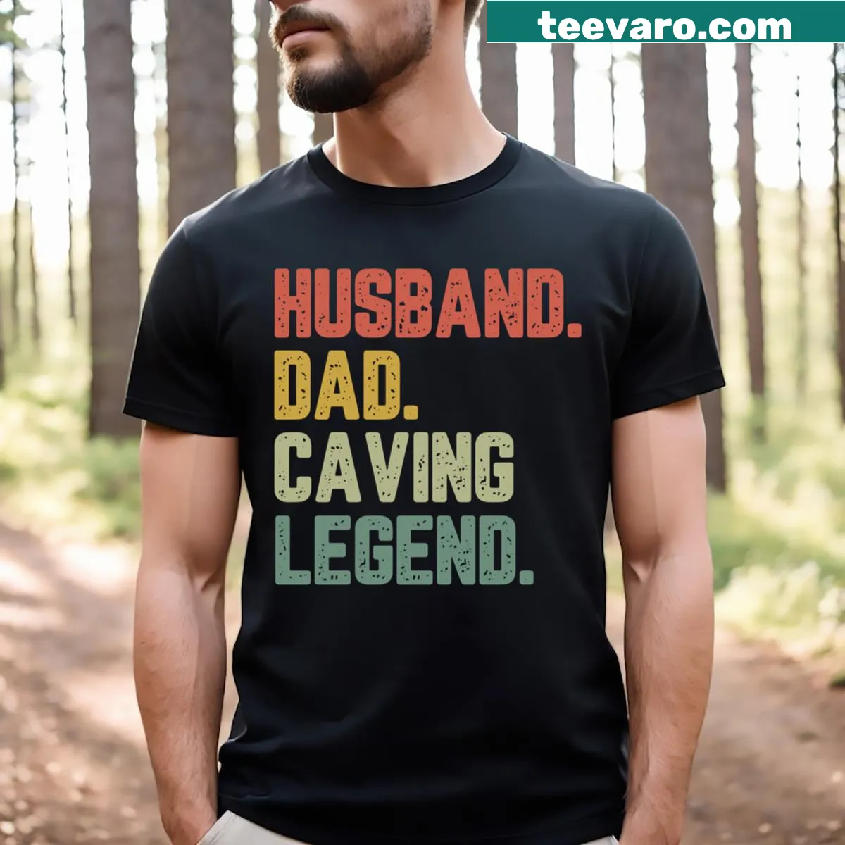 Funny caving dad t-shirt with 'Caving Legend' text — on a men's t-shirt
