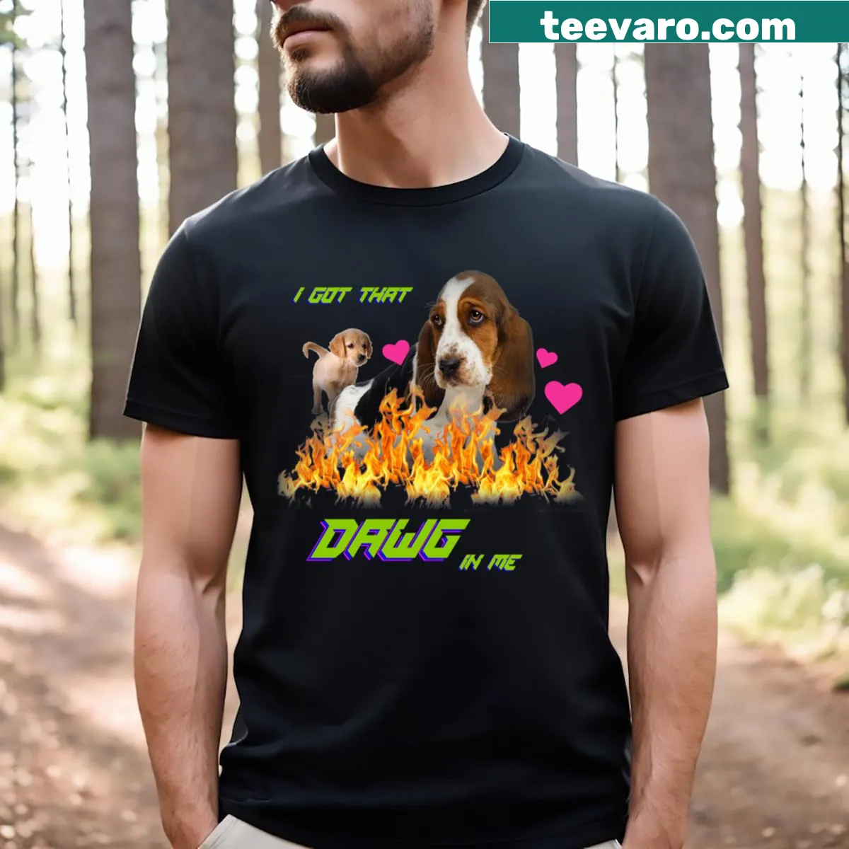Playful T-shirt with 'I Got That Dawg In Me' slogan — on a men's t-shirt