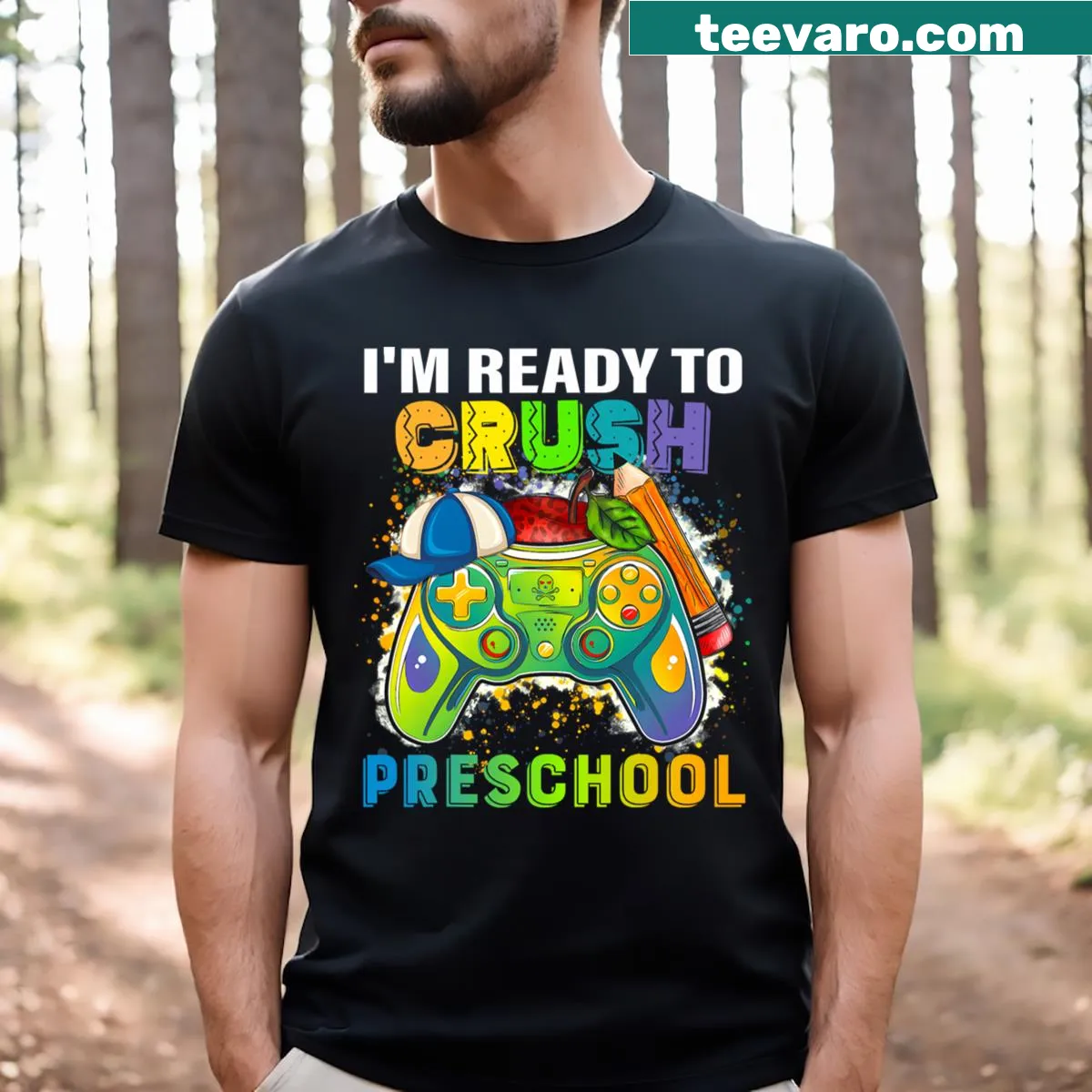 Playful back-to-school T-shirt for preschool boys with gamer theme — on a men's t-shirt