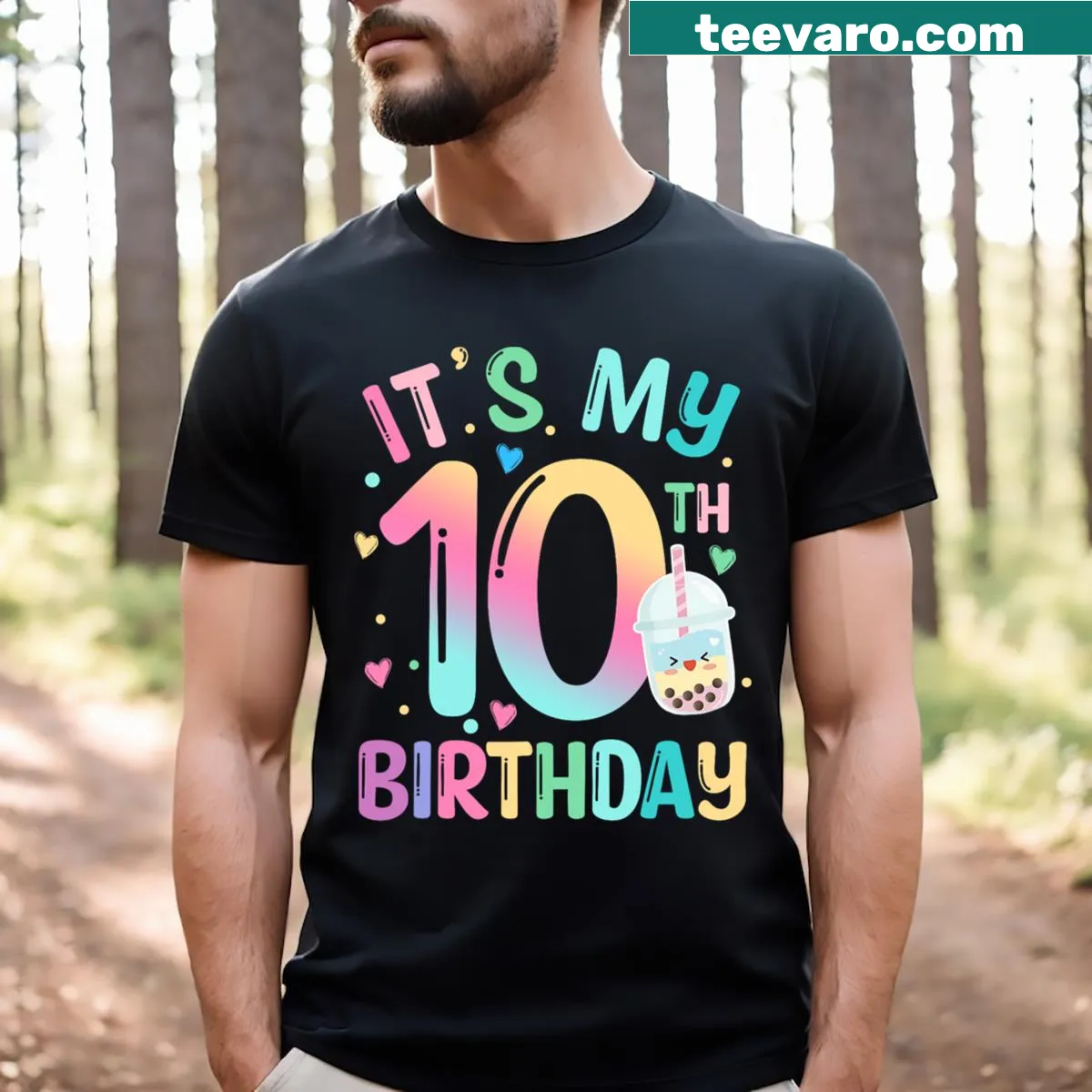 Birthday t-shirt with 'It's My 10th Birthday' and bubble tea design — on a men's t-shirt