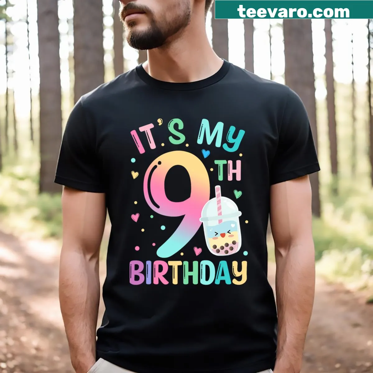Birthday t-shirt with 'It's My 9th Birthday' and bubble tea design — on a men's t-shirt