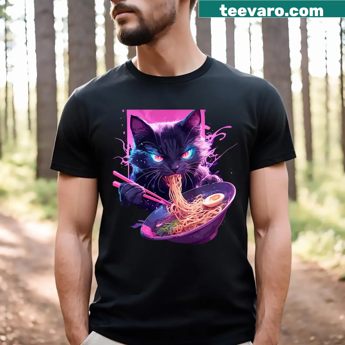 Illustrative T-shirt featuring a ninja cat in samurai style — on a men's t-shirt