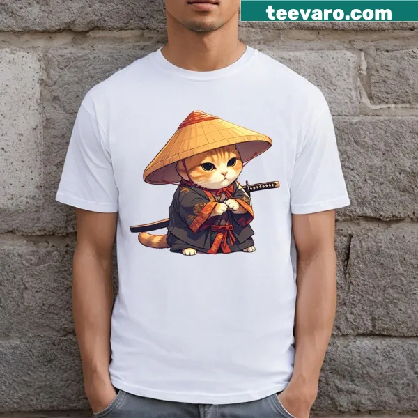 Samurai cat in ramen design, inspired by traditional Japanese art
