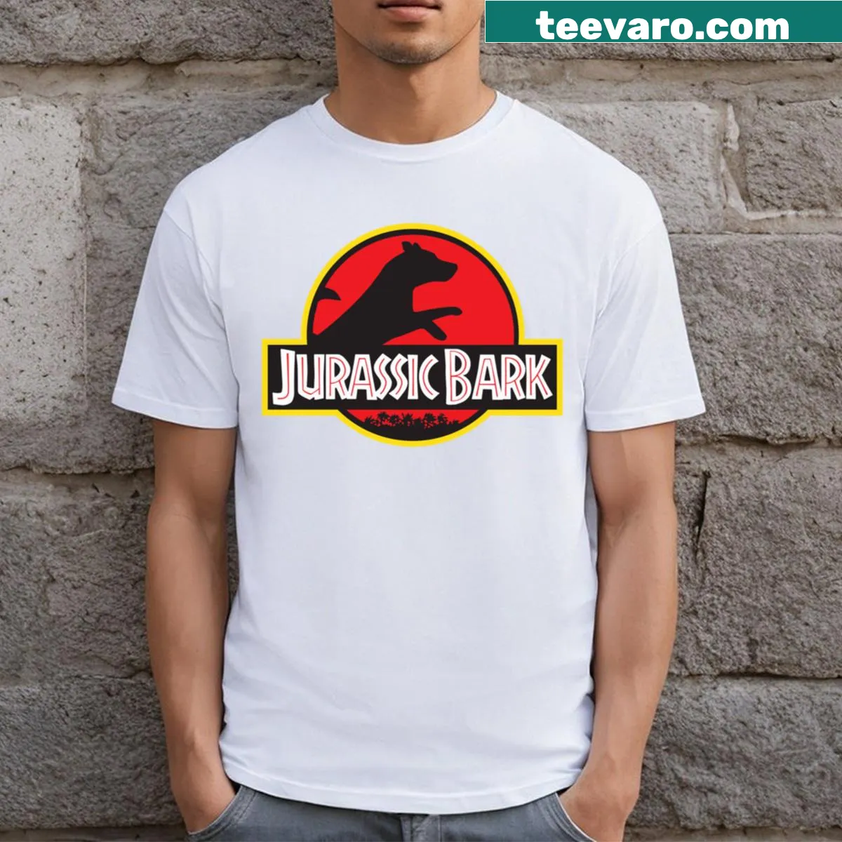 Cute illustration of dogs and dinosaurs in a playful design — on a men's t-shirt