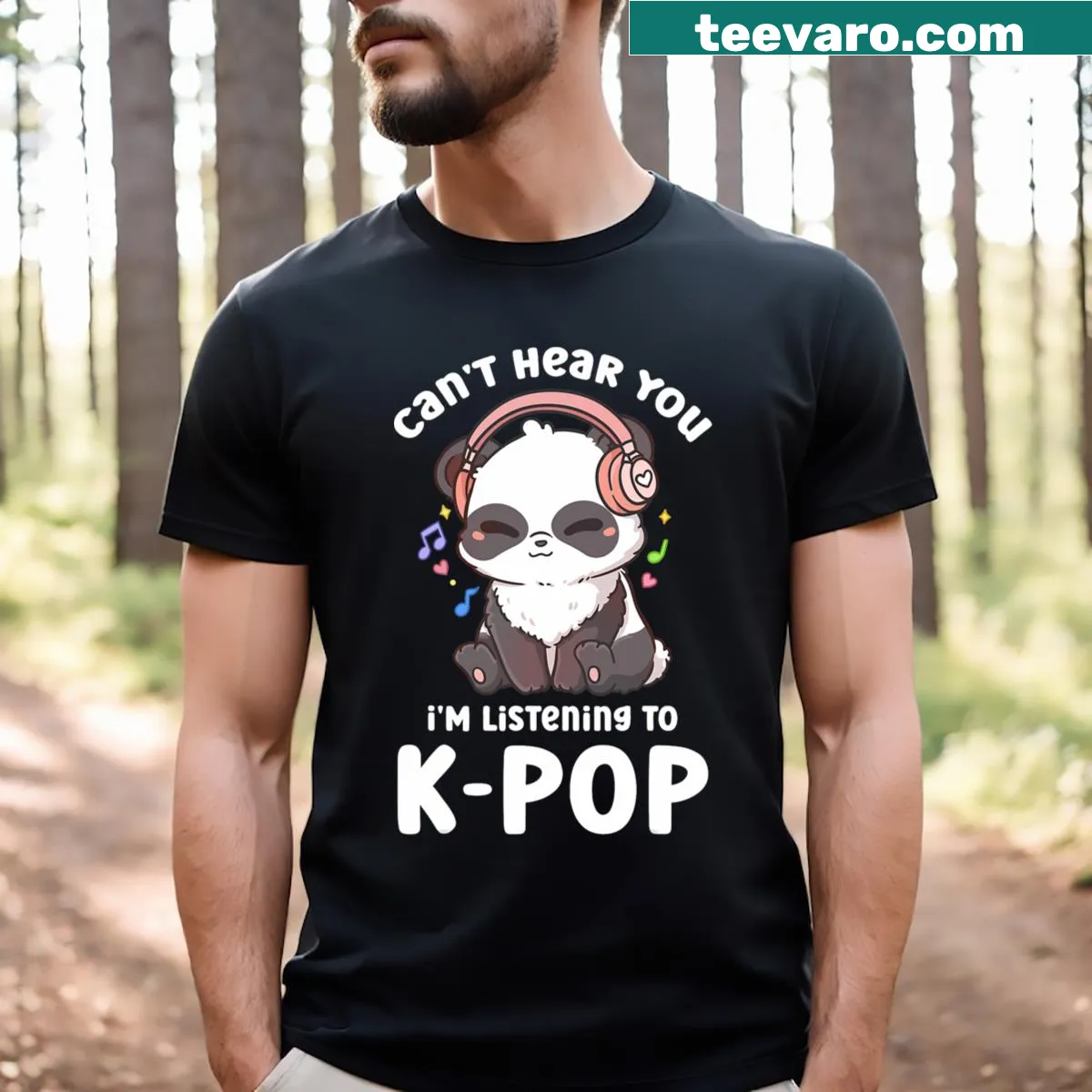 Cartoon T-shirt featuring a kawaii panda with headphones — on a men's t-shirt