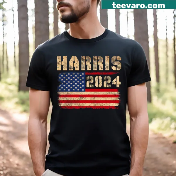 Vintage-style Kamala Harris t-shirt with American flag design