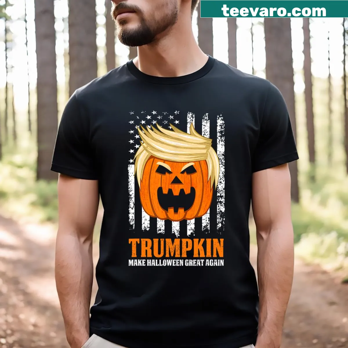 Cartoon-style Halloween T-shirt with a political twist — on a men's t-shirt