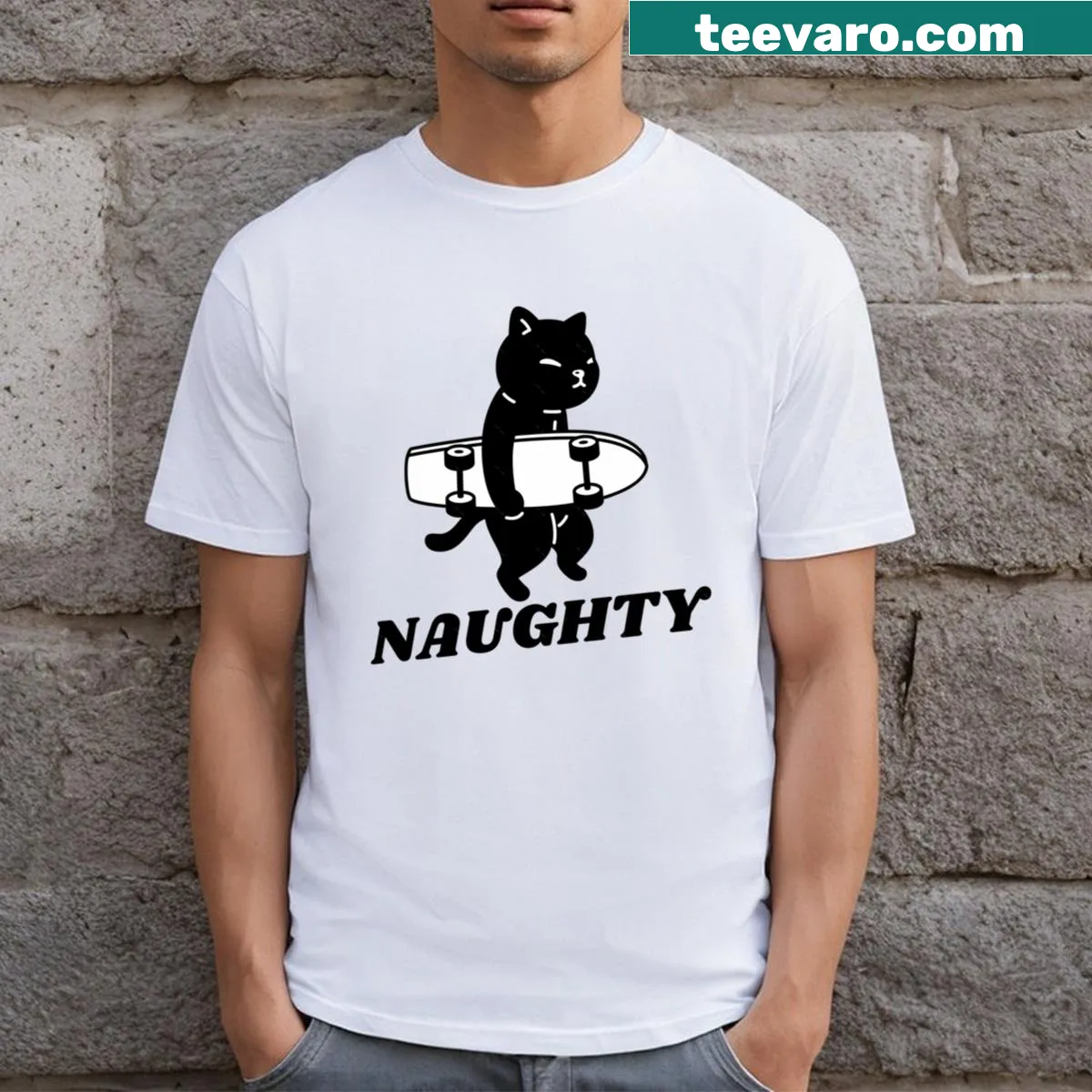 Playful cat riding a skateboard graphic illustration — on a men's t-shirt