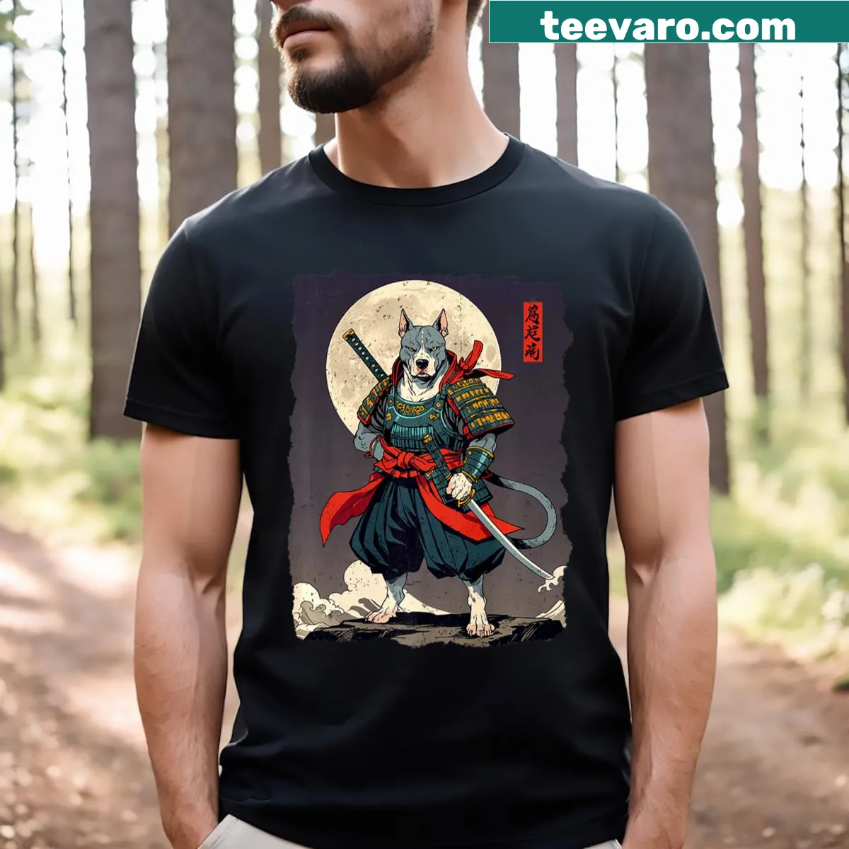Illustrative T-shirt featuring a pitbull as a samurai warrior — on a men's t-shirt
