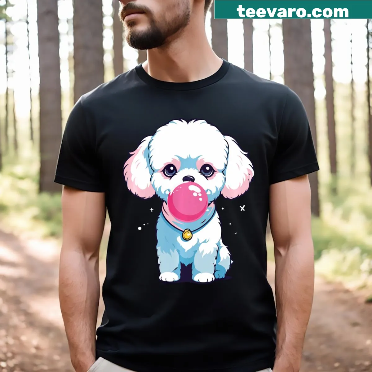 Anime-inspired t-shirt featuring a cute poodle illustration — on a men's t-shirt