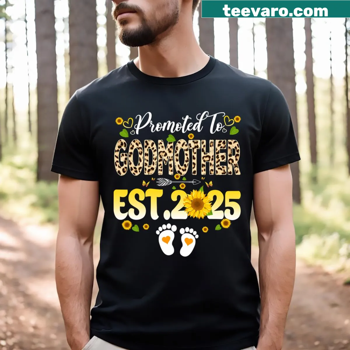 Text design announcing promoted to Godmother established 2025 — on a men's t-shirt