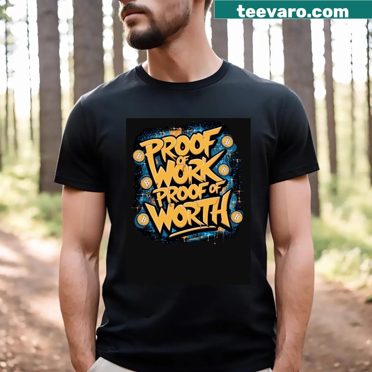 Playful Bitcoin-themed graphic t-shirt — on a men's t-shirt