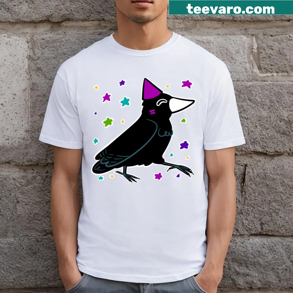 Quinn the Crow in a party hat on a fun t-shirt — on a men's t-shirt