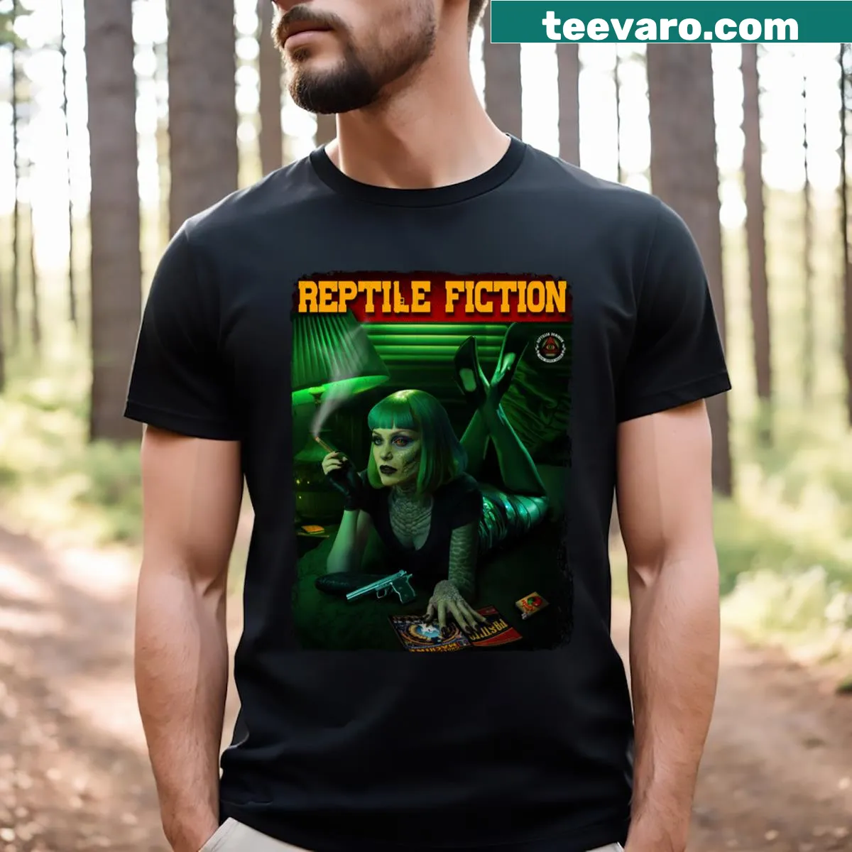 Graphic T-shirt featuring a reptilian and fictional theme. — on a men's t-shirt