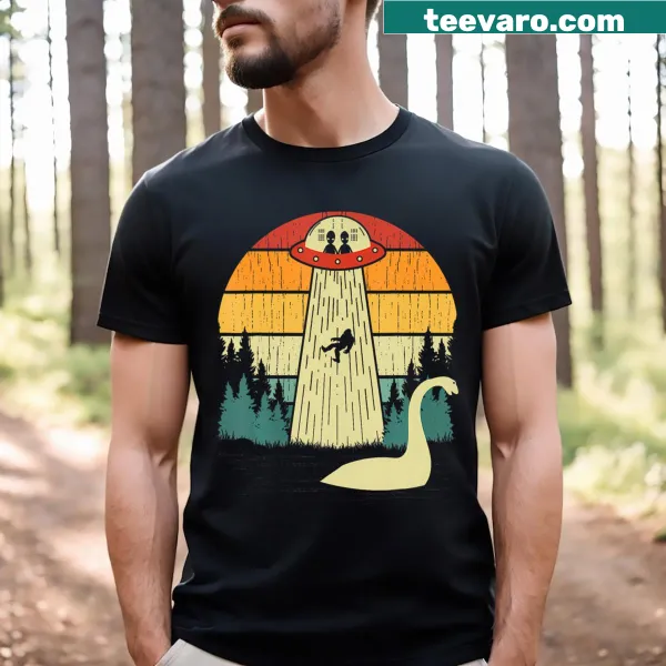 Vintage-style t-shirt with Sasquatch, UFO, and Loch Ness Monster illustrations