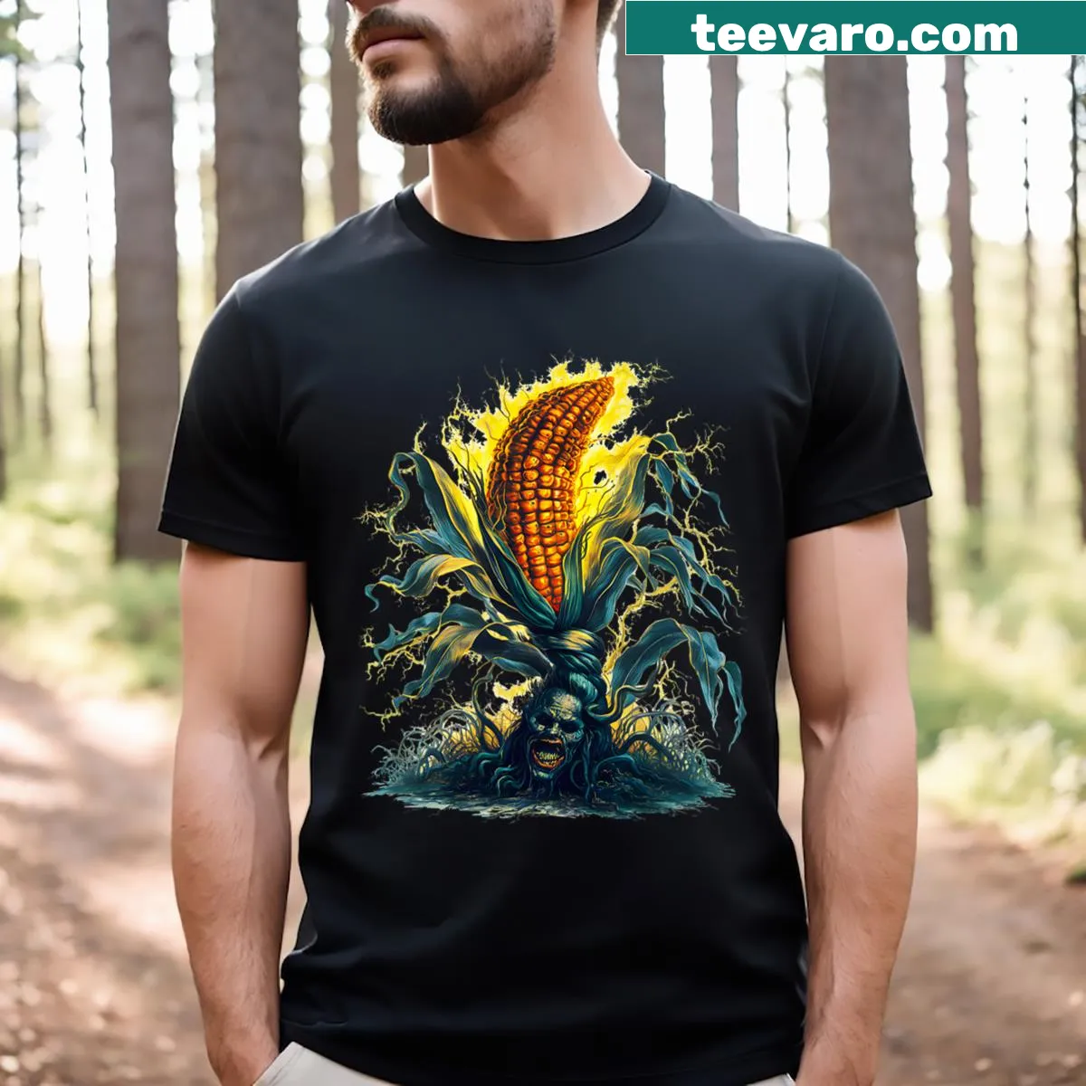 Fun Halloween T-shirt featuring ghosts and maize in a cartoon design. — on a men's t-shirt