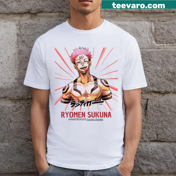 Illustration of Ryomen Sukuna on a sticker-style graphic t-shirt