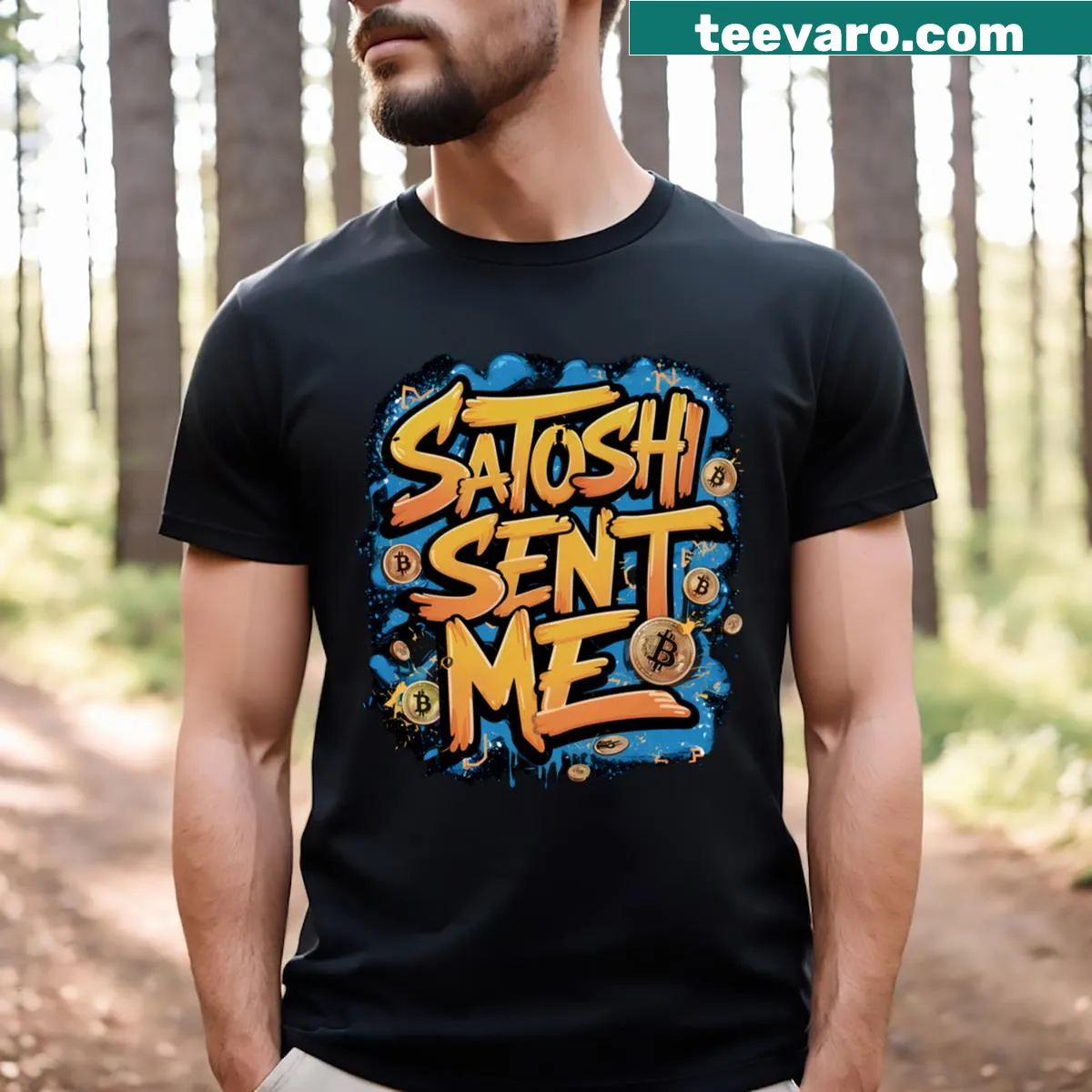 Text graphic declaring 'Satoshi Sent Me Crypto' on a playful t-shirt — on a men's t-shirt