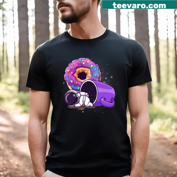 Cartoon spaceman holding a doughnut in outer space