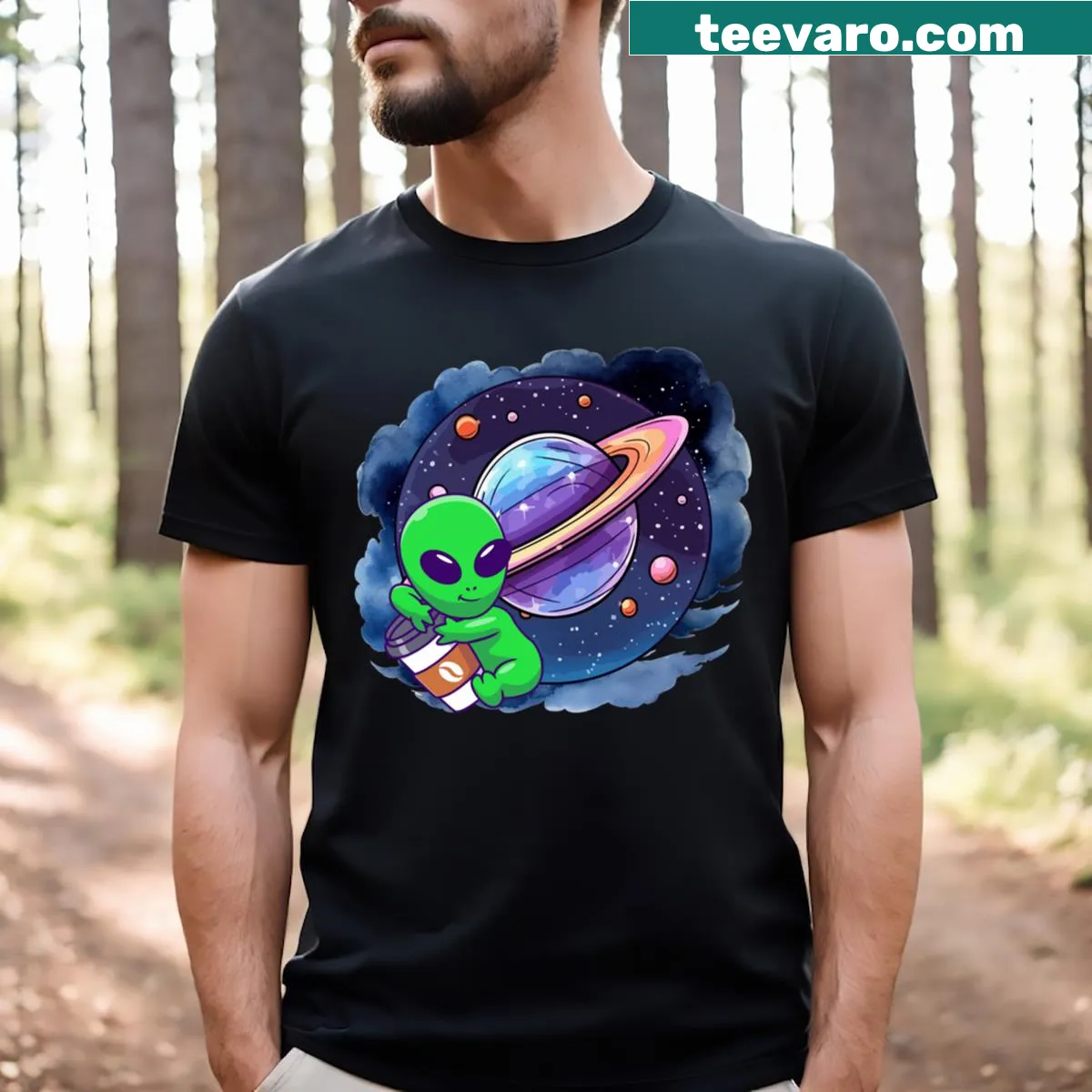Spaceman illustration among stars on a whimsical t-shirt — on a men's t-shirt