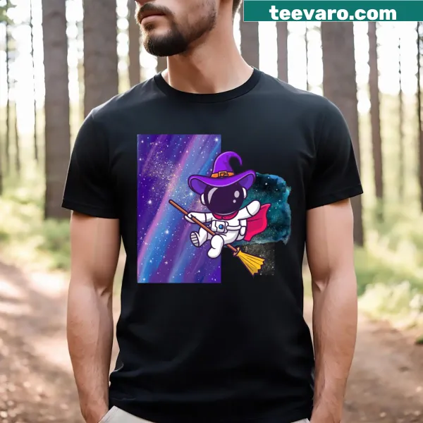 T-shirt with spaceman and witch in a starry night sky