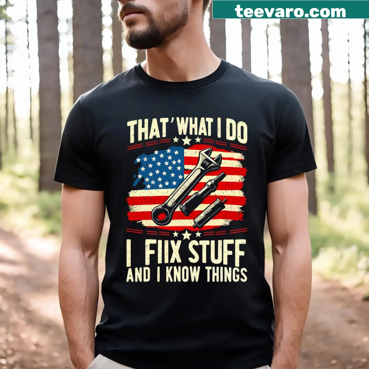 Funny dad shirt with bold text stating expertise in fixing things. — on a men's t-shirt