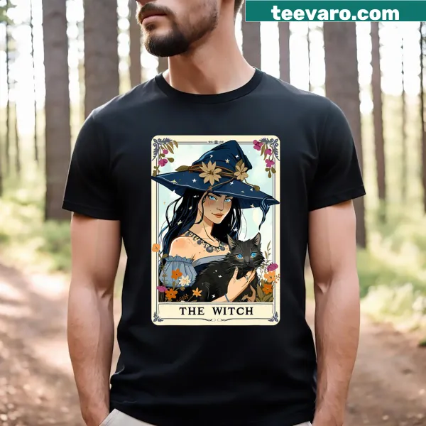 Witch tarot card design on a T-shirt with a black cat