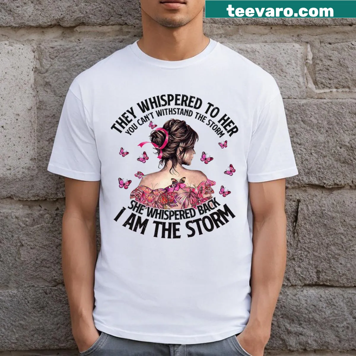 Inspirational butterfly t-shirt with the quote about strength and storms — on a men's t-shirt