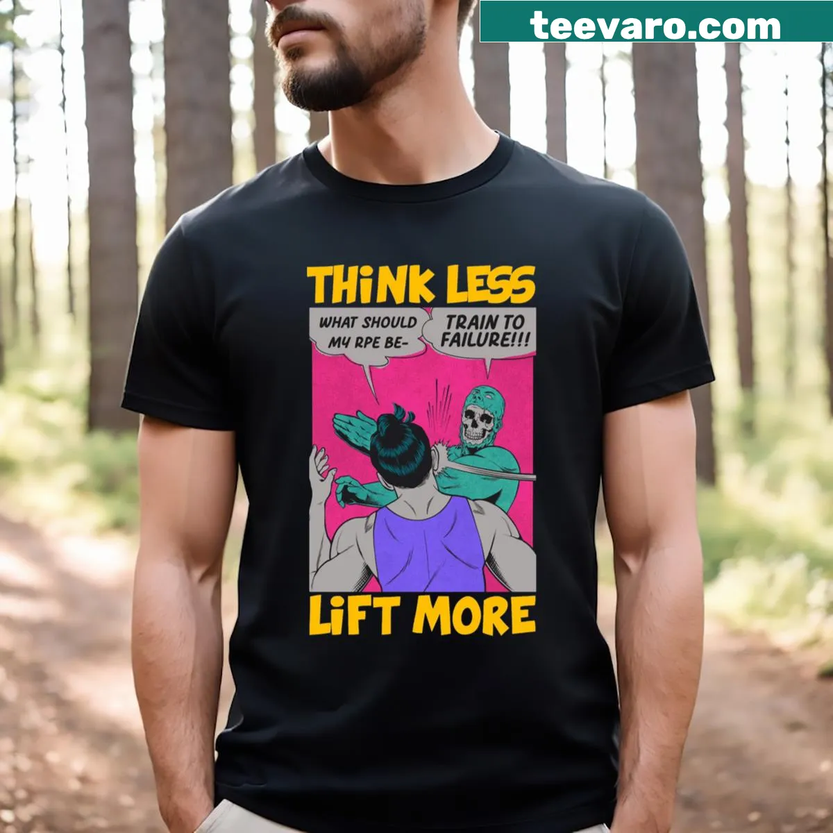 Motivational fitness graphic T-shirt with the phrase Think Less Lift More — on a men's t-shirt
