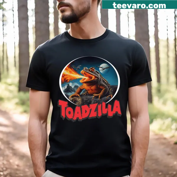 Cartoon Toadzilla graphic on a humorous T-shirt