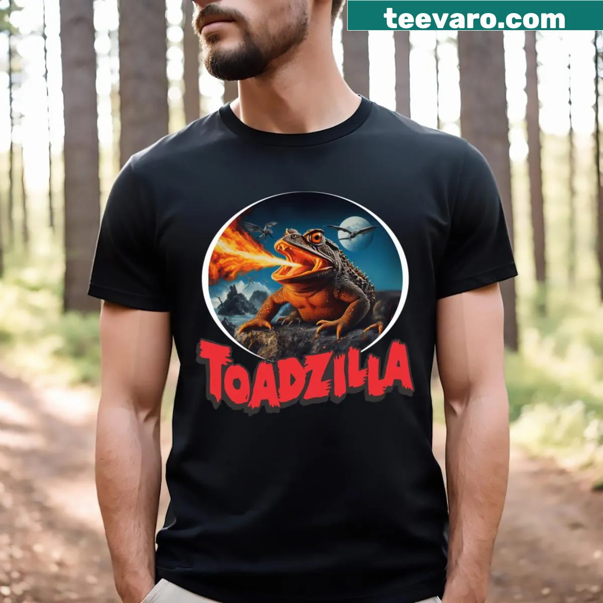 Cartoon Toadzilla graphic on a humorous T-shirt — on a men's t-shirt