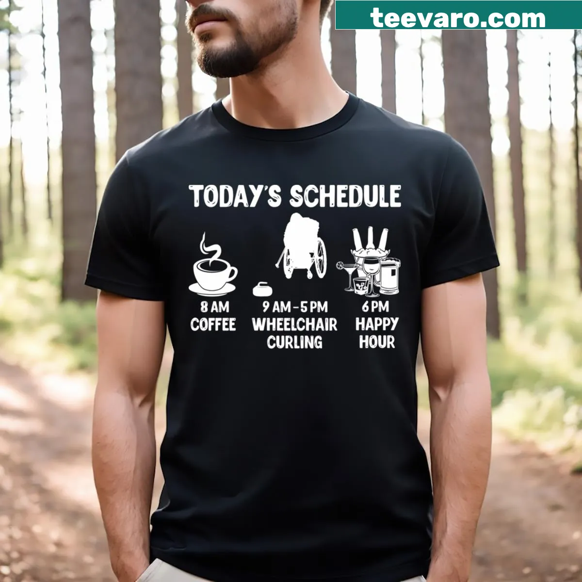 Funny graphic shirt featuring wheelchair curling — on a men's t-shirt