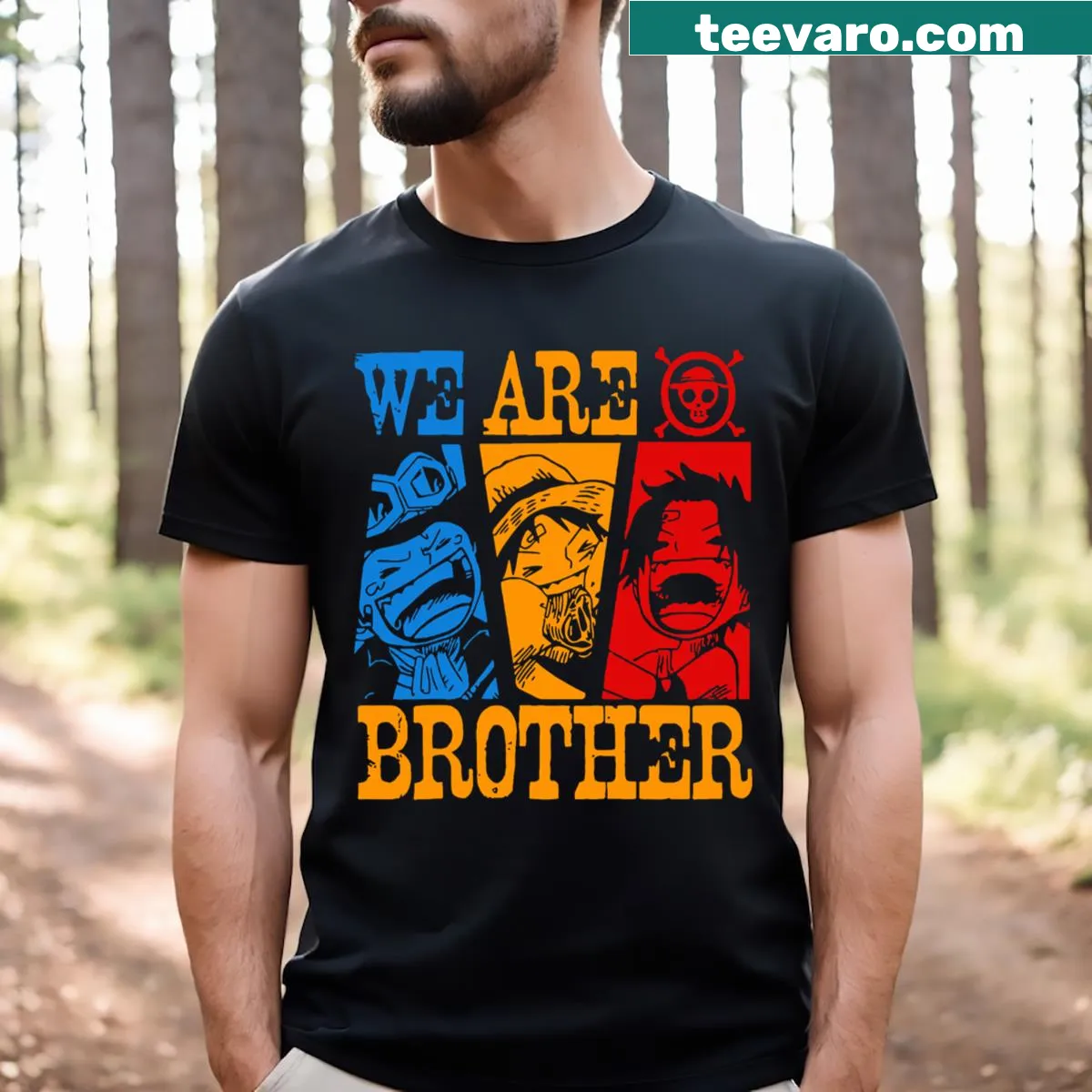 Graphic tee featuring Ace and Sabo from anime with brotherhood theme — on a men's t-shirt