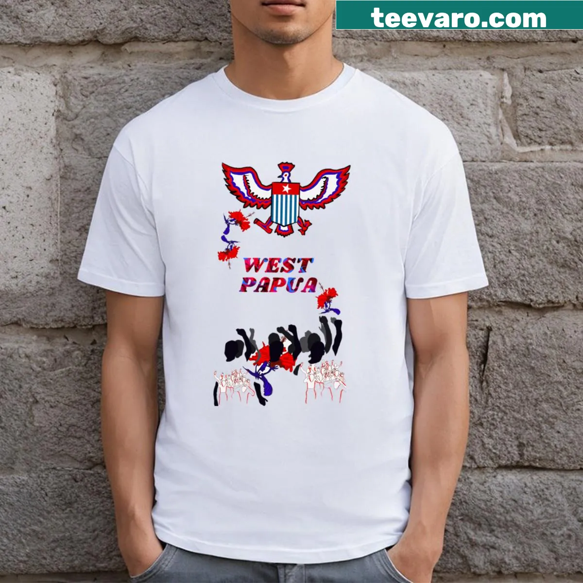 West Papua T-shirt featuring intricate patterns and symbols. — on a men's t-shirt